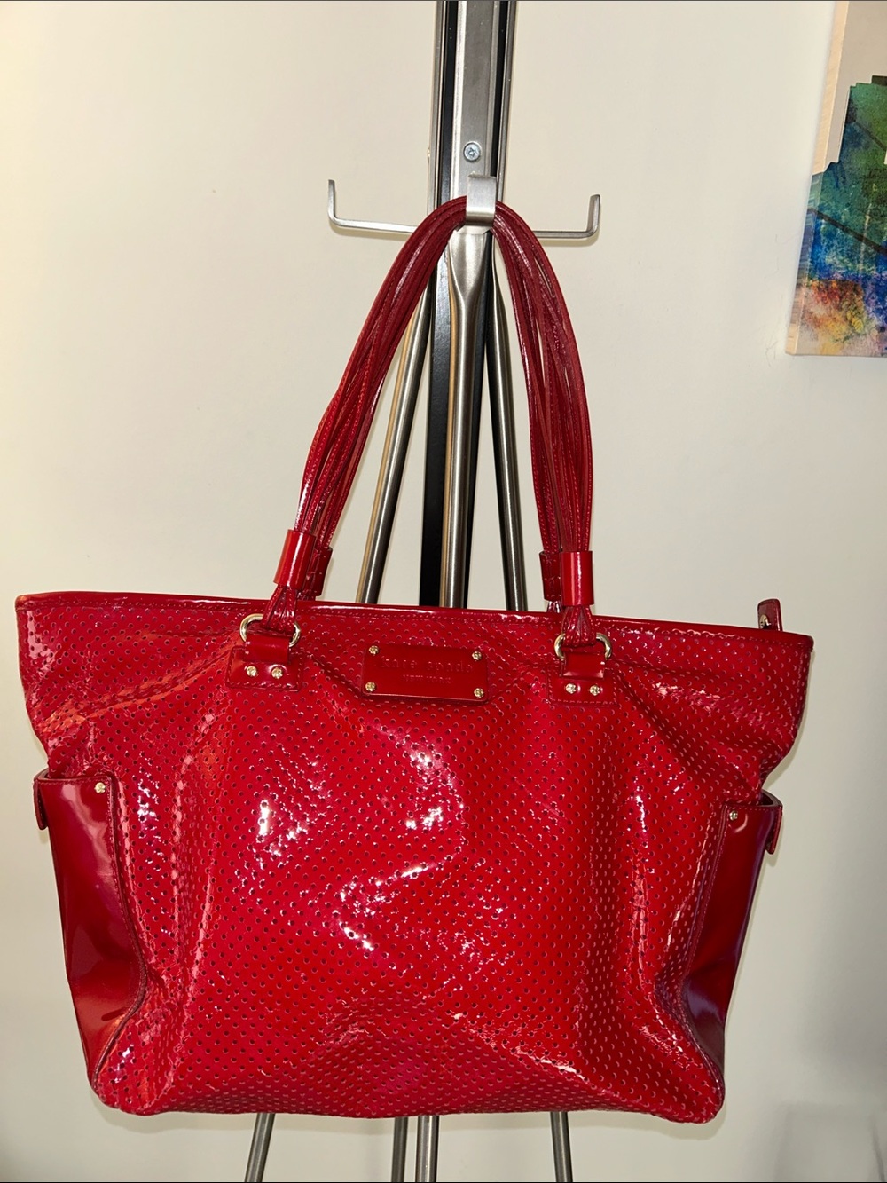kate spade tracey perforated Red Patent Perforated Tote msrp$395